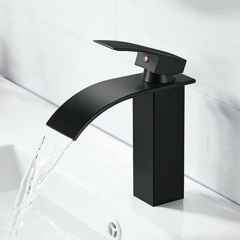 Mitigeur de lavabo--Robinet de Salle de Bain Robinet Cascade Mono-trou Mitigeur sur Lavabo Robinetterie Lave-mains avec Levier Unique -noir (1/5)