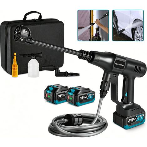 Idropulitrice portatile da 100 bar, 3 velocità, ugello 6 in 1, pistola ad alta pressione senza fili con due batterie e accessori, per giardino/auto