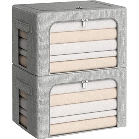 Boîte de rangement pour vêtements – Boîte de rangement pliable en tissu de lin avec fenêtre transparente, poignées de transport et cadre en métal (gris clair, taille M, 36 L) (1/5)