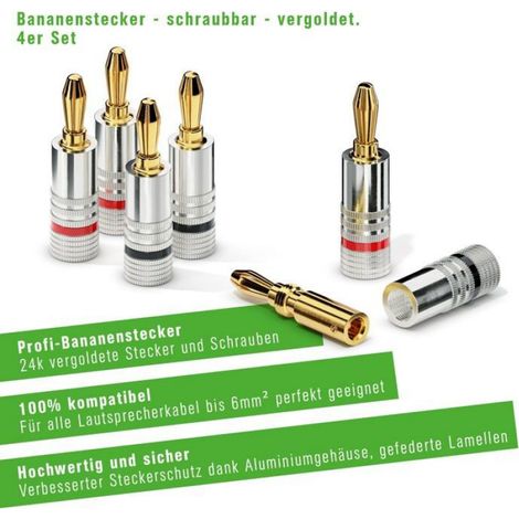 Fiches banane kit 4 plaquées or 24K pour câble enceinte 0,75–6 mm noir/rouge (1/4)