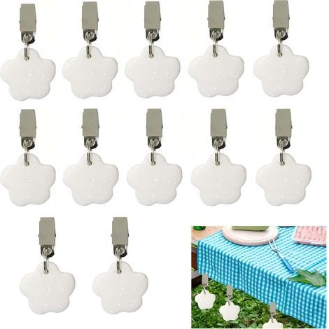 Lot de 12 poids de nappe en pierre naturelle en forme de fleur - Support de nappe - Pour l'extérieur - Avec pince en acier - Pour famille, fête, mariage, jardin, pique-nique (1/5)