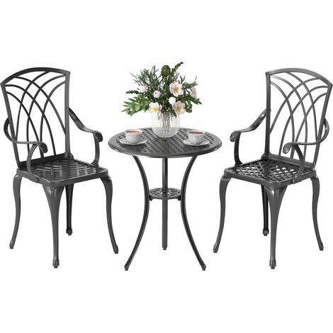 Outsunny 3 Pieces Garden Dining Set for 2, Cast Aluminium Outdoor Dining Set with 2 Armchairs and Round Dining Table with Parasol Hole, Garden Furniture Bistro Set, Brown