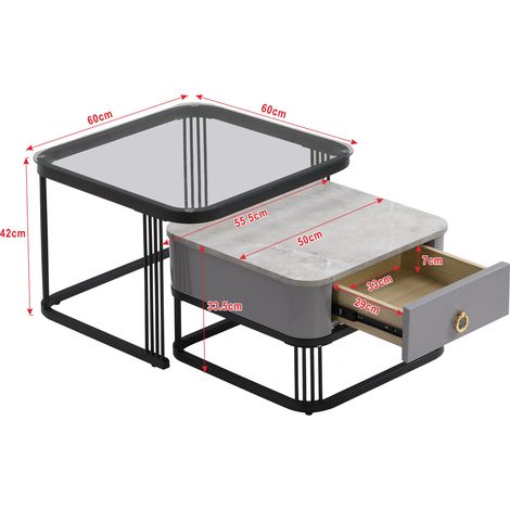 Table bas empilable 2 pièces : plateau marbre brillant et verre, pieds noirs, table d'appoint avec tiroirs (1/5)
