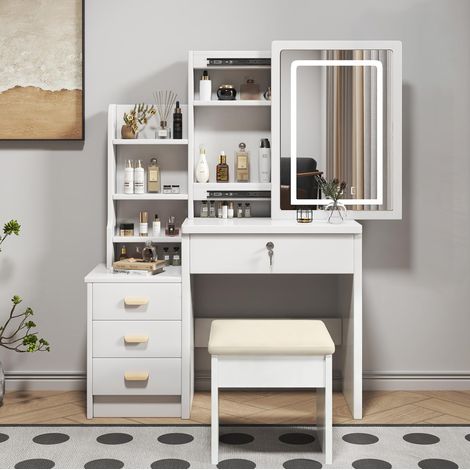 Coiffeuse avec miroir LED 3 couleurs et tabouret, 4 tiroirs, 85x130x36 cm, MDF blanc (1/5)