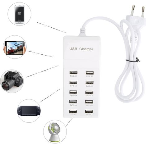Station de charge USB 10 ports rapide, bloc multiport 5V 10A, chargeur secteur haute puissance