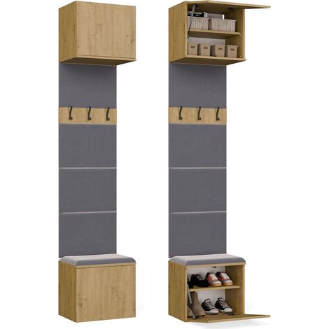 Pannello appendiabiti da ingresso con panca e scomparti, sistema TIP-ON, Rovere Artisan, 50 x 35 x 238 cm (1/5)