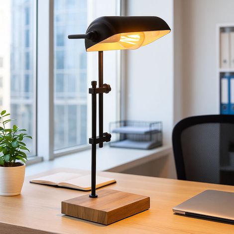 Tischlampe Nachttischleuchte LED Wohnzimmerlampe Beistelllampe Bankerlampe Tischleuchte, Metall MDF schwarz holzoptik, Höhenverstellbar, H 50 cm