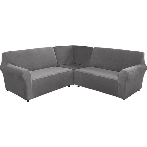 L-shaped velvet corner sofa cover for the living room, super soft, stretchable, U-shaped, non-slip corner sofa cover for pets and cats (5-seater, grey) (1/5)