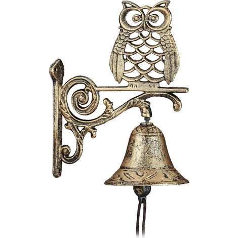 Cloche Murale de Porte Fonte de Fer, Chouette, Design Antique, avec Corde, résistant aux intempéries, doré (1/5)