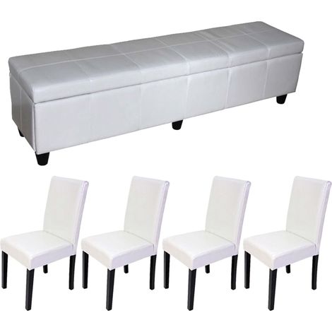 Garnitur Sitzgruppe Bank mit Aufbewahrung Kriens XXL+4 Stühle Littau, Leder weiß