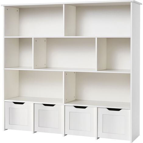Mophorn Librería Infantil de Madera, Estantería para Juguetes 1255 x 330 x 1180 mm con 4 Cajones Extraíbles y Amplio Espacio de Almacenamiento, Ideal para Habitación Infantil y Sala de Estar, Blanco (1/5)