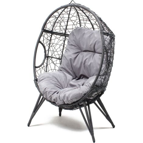 Fauteuil œuf sur pied en résine gris effet rotin JANE