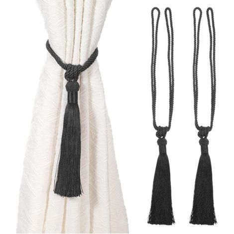 Set of 2 handmade long tassel curtain tiebacks made of braided rope with European-style knots for window decoration (Black)