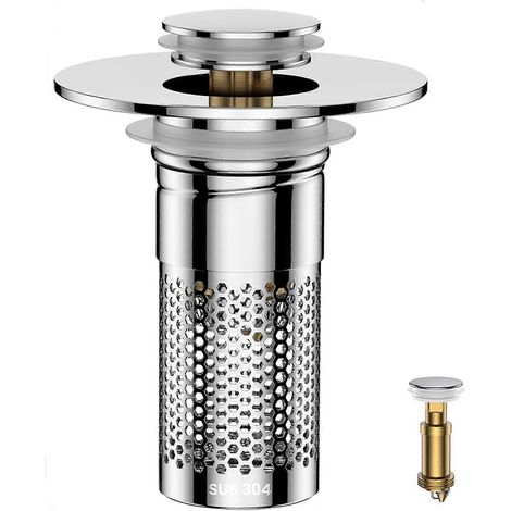Crépine de bonde pour lavabo de salle de bain, bouchon universel escamotable avec récupérateur de cheveux, panier filtrant anti-obstruction en acier inoxydable, bonde amovible pour lavabo de salle de (1/5)