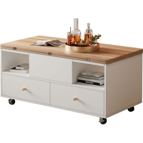 Table basse relevable convertible avec 4 tiroirs, plateau rabattable, roulettes et système hydraulique, 100 x 50 x 47,5 cm, bois foncé et blanc - CHICFURN (1/5)