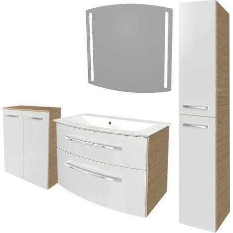 Fackelmann B.STYLE Badmöbel Set mit Waschbecken mit Unterschrank 80 cm breit – LED-Spiegel – Doppel-Midischrank und Hochschrank in Weiß mit Holz braun – Badezimmermöbel in Sandeiche Holzoptik"-"902021 (1/5)