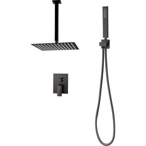 Colonne de douche noire mate encastrée plafond, pomme pluie 30,5 cm, douchette à main, mitigeur laiton, flexible 1,8 m (1/5)
