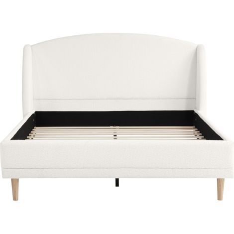 Lit capitonné bouclé blanc ivoire 140x190 cm, tête de lit à oreilles, sommier à lattes (1/5)