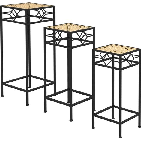 Support à plantes lot de 3, tabourets à fleurs empilables, supports de pots aspect rotin pour jardin et balcon, métal, or