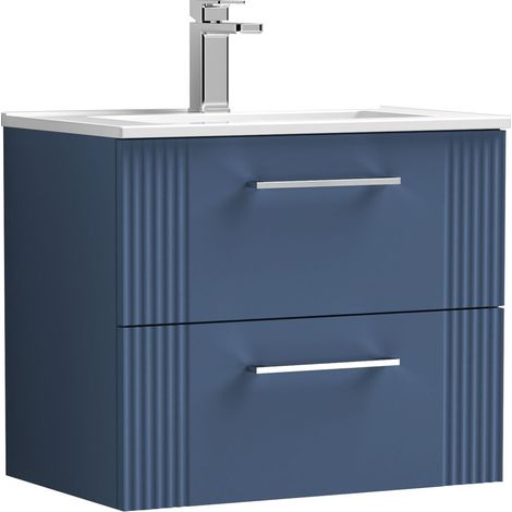 Belvide Partial Fluted 2 Drawer Wall Hung Vanity Unit with 1 Tap Hole Minimalist Basin - 600mm - Blue (1/4)