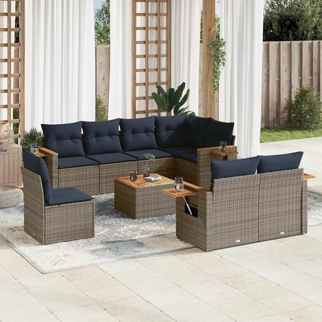 Salon de jardin 9 pièces avec coussins bleu marine, résine tressée grise et table en acacia, 75.75kg - PANGIVO (1/5)