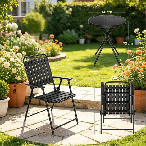 Ensemble mobilier de jardin 3 pièces pliant avec table en verre trempé et chaises noires (1/5)