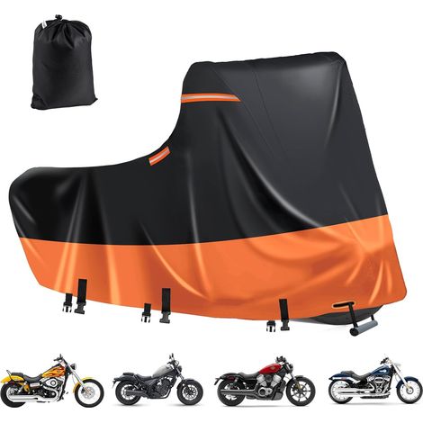 Bâche de Protection imperméable 600D pour Moto, 5 Bandes réfléchissantes, 2 Ouvertures d'aération, pour Softail Standard,Street Bob,Fat Bob (3XL 276 x 111 x 142cm Noir-Orange) (1/5)