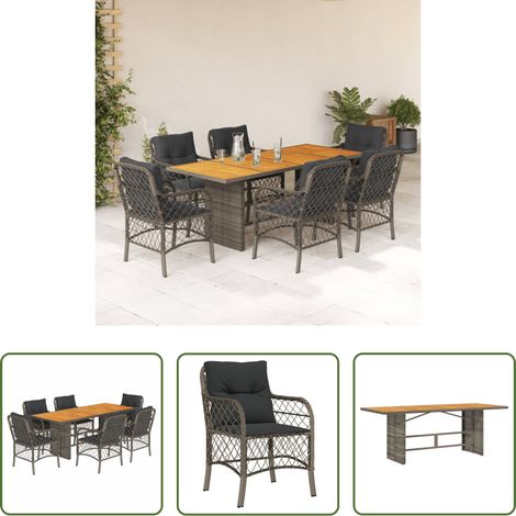 vidaXL Sitzkissen - 7-tlg. Garten-Essgruppe mit Kissen Grau Poly Rattan (1/5)