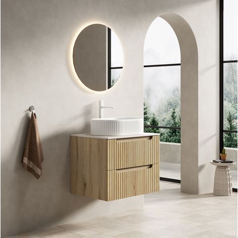 Meuble vasque suspendu 60 cm avec lavabo ovale blanc, plateau pierre, 2 tiroirs, blanc chêne (1/5)