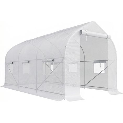 Serre tunnel de jardin 8m², abri de culture avec 1 porte et 6 ouvertures, housse PE 140g/m² 400x200x200cm blanc (1/5)