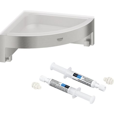 Estante esquinero GROHE Start Cube supersteel + GROHE QuickGlue A2 para acceso con dos placas de fijación