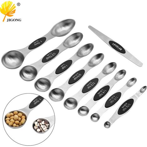 Ensemble de 9 cuillères doseuses doubles en acier inoxydable pour la pâtisserie et la cuisine, comprenant une cuillère à sel, une cuillère doseuse à épices avec graduations et un outil de nivellement.