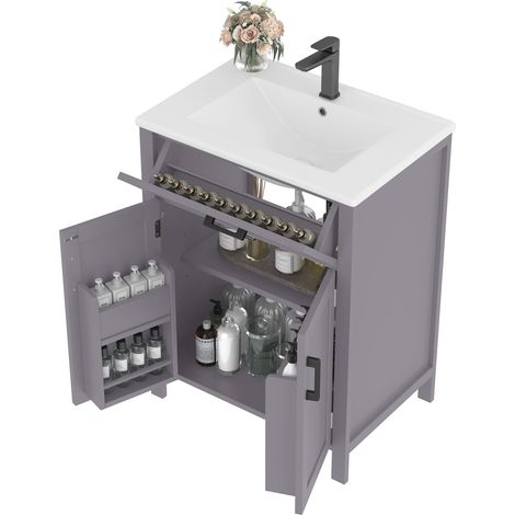 Mueble de Baño con Lavabo 2 Puertas, 1 Cajón Reversible y Estante Ajustable, en MDF y Cerámica, 60×46×84,8 cm, Gris