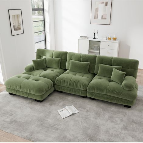 Divano modulare angolare L verde in ciniglia con ottomana, 313 x 145 x 81 cm (1/5)