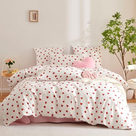 Parure de lit double en mousseline de coton renforcé - 135 x 200 cm - Rouge et blanc - Housse de couette avec fermeture éclair et taie d'oreiller de 80 x 80 cm - Rouge et (1/5)