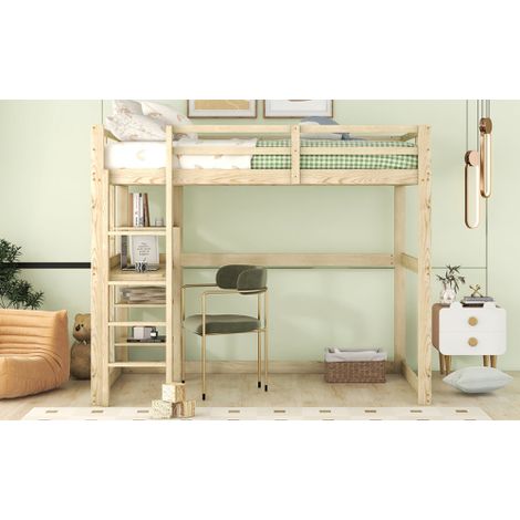 Cadre de lit superposé enfant avec rangement, entièrement en pin, avec 4 compartiments de rangement et un plateau de bureau, naturel, 140 x 200 cm (1/4)