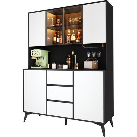Buffet Haut Vaisselier avec Vitrine LED et Tiroirs MDF Noir et Blanc 120 x 40 x 160 cm - PANGIVO (1/5)