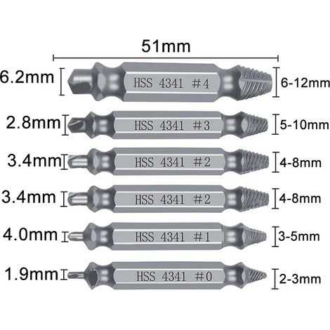 Jeu de 6 outils d'extraction de vis à double extrémité en acier rapide pour vis endommagées et fils cassés (1/5)