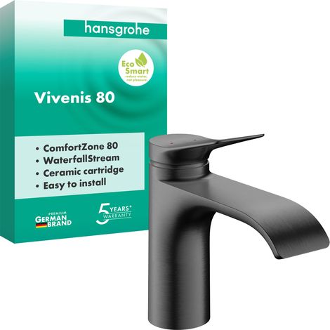 Mitigeur de lavabo sans vidage, robinet de salle de bain avec bec hauteur 80 mm, mitigeur lavabo économe en eau, chrome noir brossé (1/5)