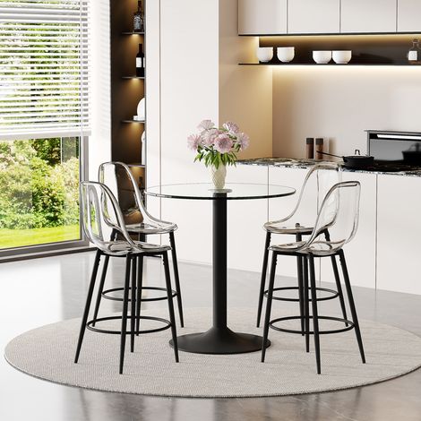 Set bar con tavolo in vetro e 4 sgabelli trasparenti, base in metallo nero, nero trasparente (1/5)