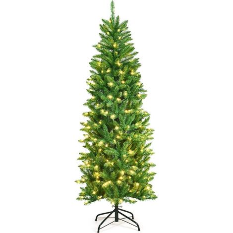 6FT Pre-Lit Artificial Christmas Tree Hinged Pencil XmasTree w/ 250 Warm Lights (1/5)