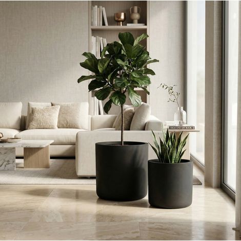 Lot de 2 pots de fleurs ronds noirs, faits main, drainage, 40 x 40 cm et 34 x 32 cm, REDOM (1/5)
