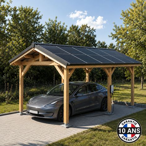 Carport bois douglas 21 m² – 2 pentes – 6 poteaux fixes – Hauteur de passage 2,10 m – Abri voiture extérieur – Garantie 10 ans – Cpbf (1/5)