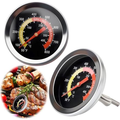 Lot de 2 thermomètres à charbon pour barbecue, cadran de 52 mm, pour four, agneau, bœuf, pizza (1/4)