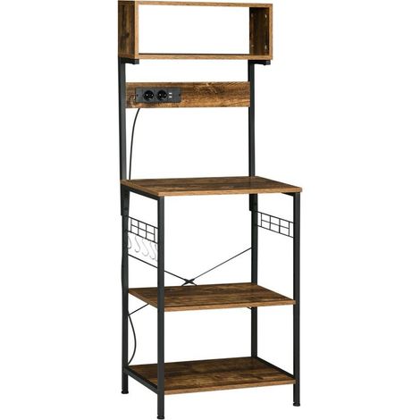 Étagère de cuisine en mélamine, marron rustique et noir, 60 x 42 x 153 cm, bois et acier, avec prises électriques (1/5)