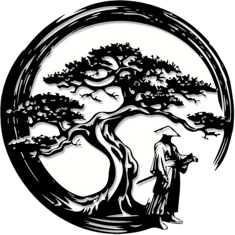 Décoration murale Bonsaï japonais métal noir 40x40 cm, cercle Enso et samouraï, zen pour méditation