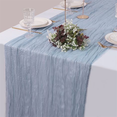 Chemin de table en gaze de coton gris et bleu, style bohème champêtre, 3 mètres (120 pouces), idéal pour les fêtes d'automne, mariages, baby showers, anniversaires, décoration intérieure et fêtes de f