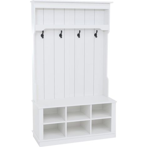 [JAMAIS UTILISÉ] Portemanteau HHG-661, portemanteau d'entrée en bois avec banc, 4 crochets, compartiment de rangement, plateau en mélaminé, 170 x 100 x 39 cm, blanc