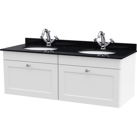 Swynnerton Traditional 2 Drawer Wall Hung Vanity Unit with Double Marble Basin, Satin White, 1200mm