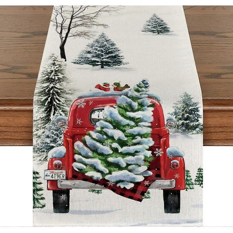 Chemin de table de Noël avec camion de neige et sapin de Noël à l'aquarelle, décoration de table pour la cuisine et la salle à manger, fêtes d'hiver et Noël (1/5)